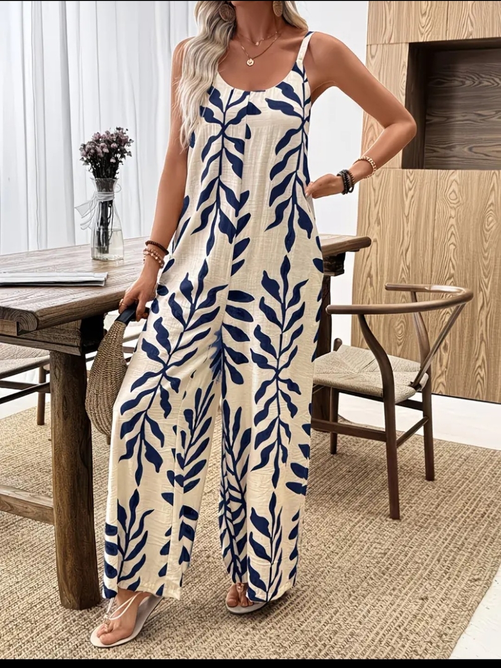 Leaf-Print Cream & Navy Wide-Leg Jumpsuit